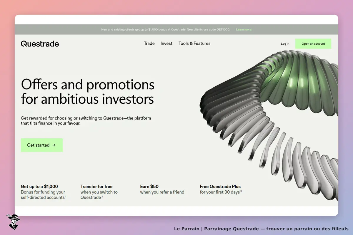 Questrade : page d'accueil présentant des offres pour investisseurs avec un visuel en 3D