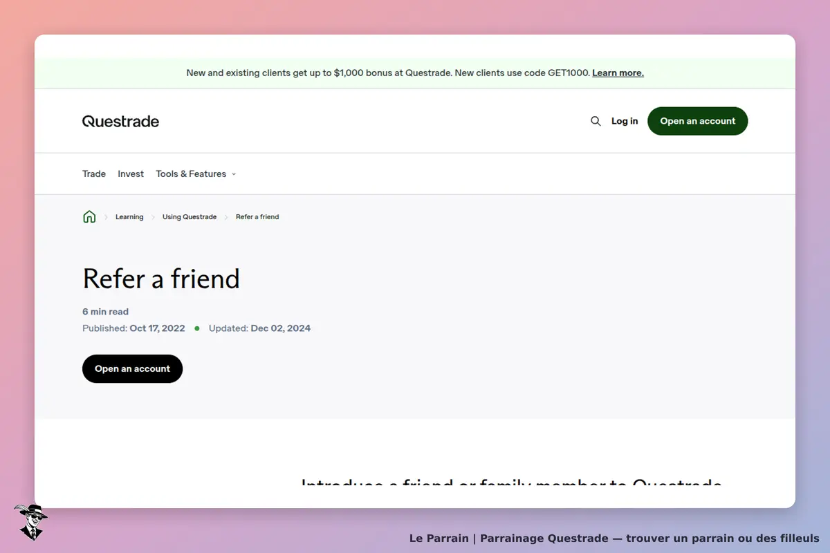 Questrade : page sur le parrainage avec titre et bouton "Open an account" visible
