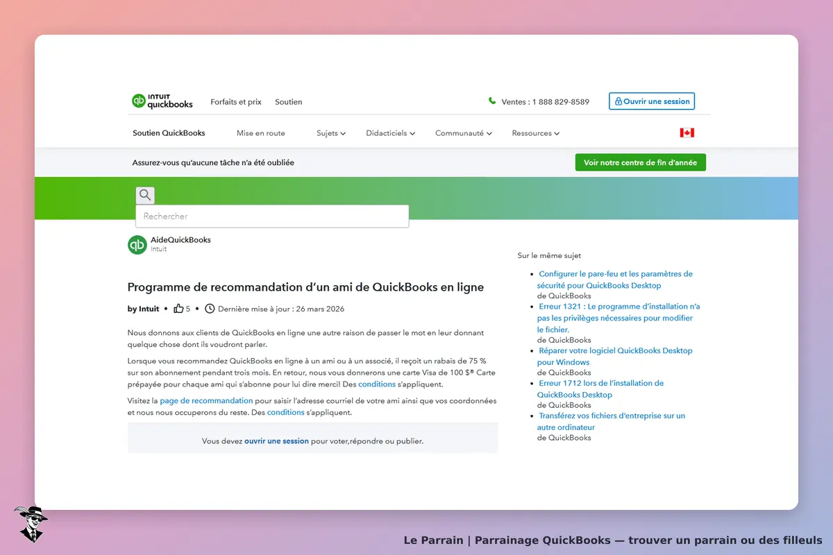 QuickBooks : page d'accueil présentant le programme de recommandation d'un ami en ligne