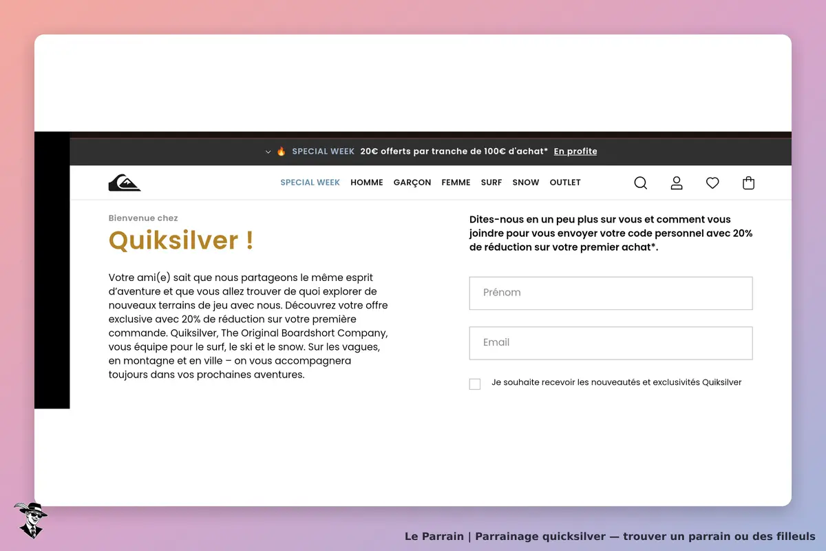 quicksilver : quiksilver : page d'accueil avec formulaire d'inscription et informations sur la