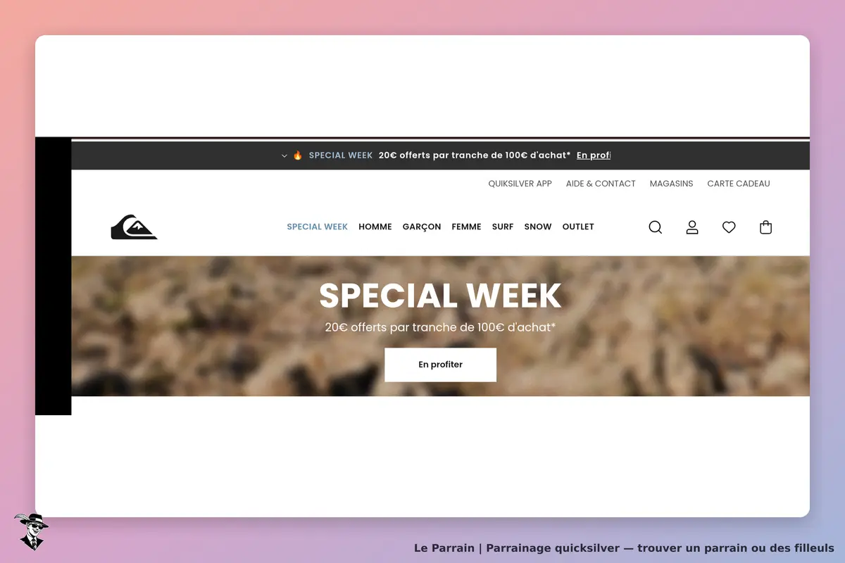 quicksilver : quiksilver : page d'accueil avec promotion "SPECIAL WEEK" et menu de navigation en