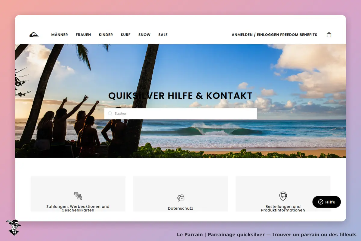 quicksilver : quiksilver : page d'accueil avec un paysage de plage et options de contact en haut