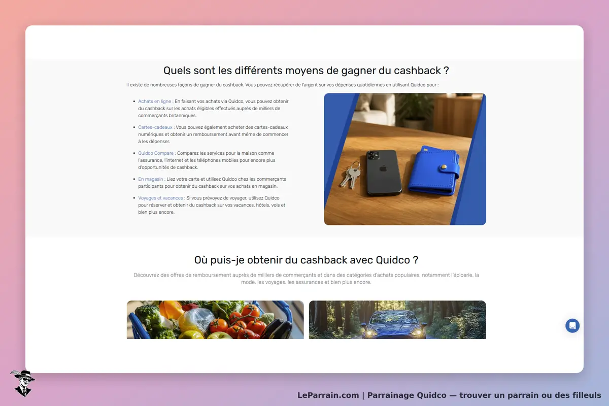 Quidco : plusieurs moyens de gagner du cashback avec des images de produits et services