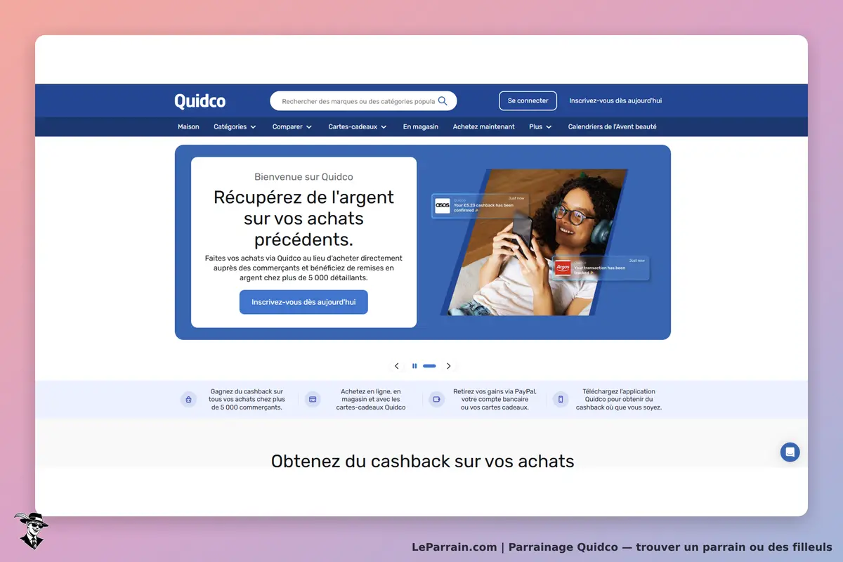 Quidco : page d'accueil avec un message sur le cashback et une image d'une personne utilisant un