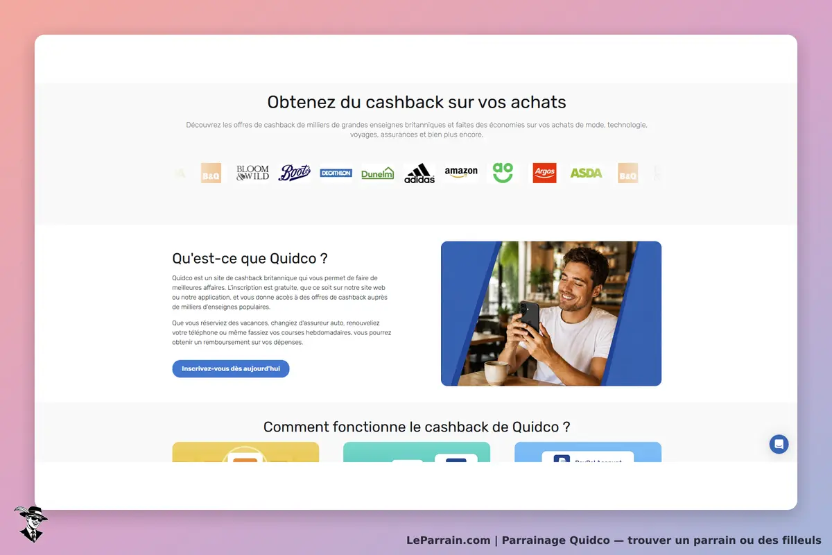 Quidco : page d'accueil avec une présentation du cashback et un utilisateur souriant