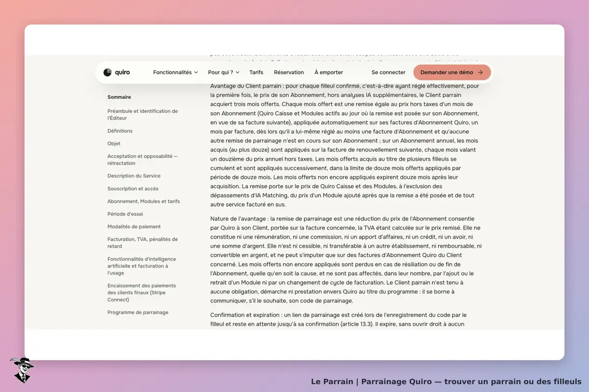 CGV Quiro : trois mois de remise au parrain après paiement du filleul, plafond et exclusions, réduction de facture sans versement en argent.