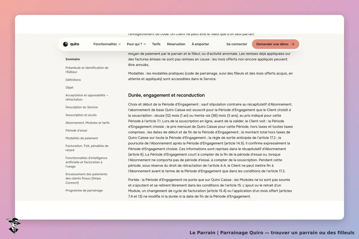 CGV Quiro Caisse : engagement d’un ou trois ans ; la facture filleul offerte ne supprime pas cet engagement.