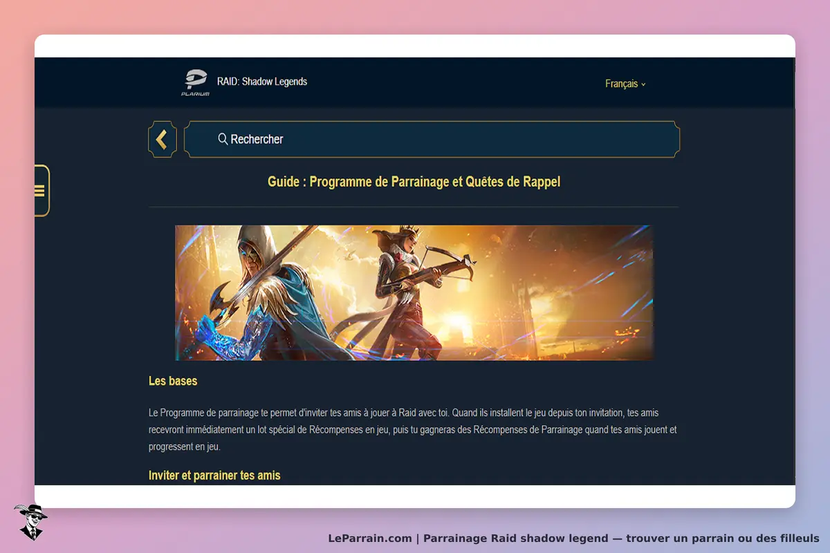 Raid shadow legend : rAID: page d'accueil avec guide sur le programme de parrainage et une
