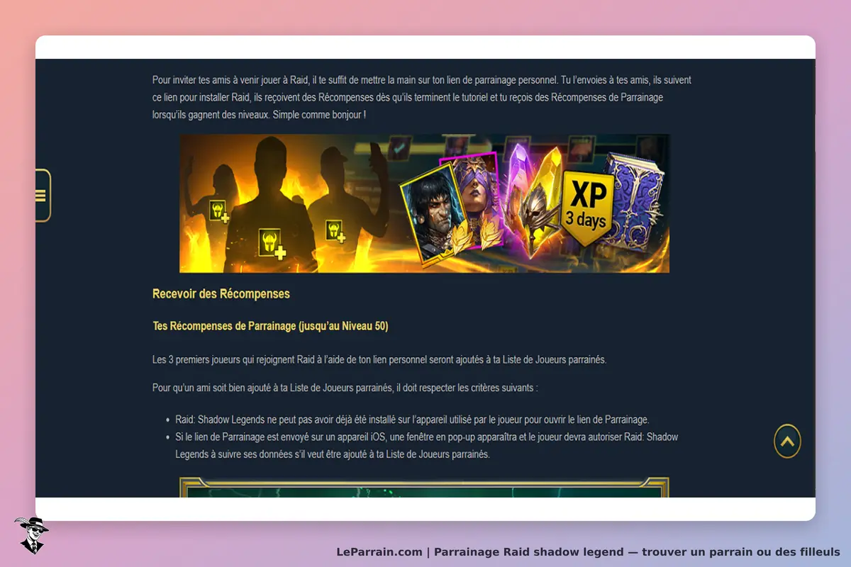 Raid Shadow Legends : écran présentant des récompenses de parrainage et des personnages en
