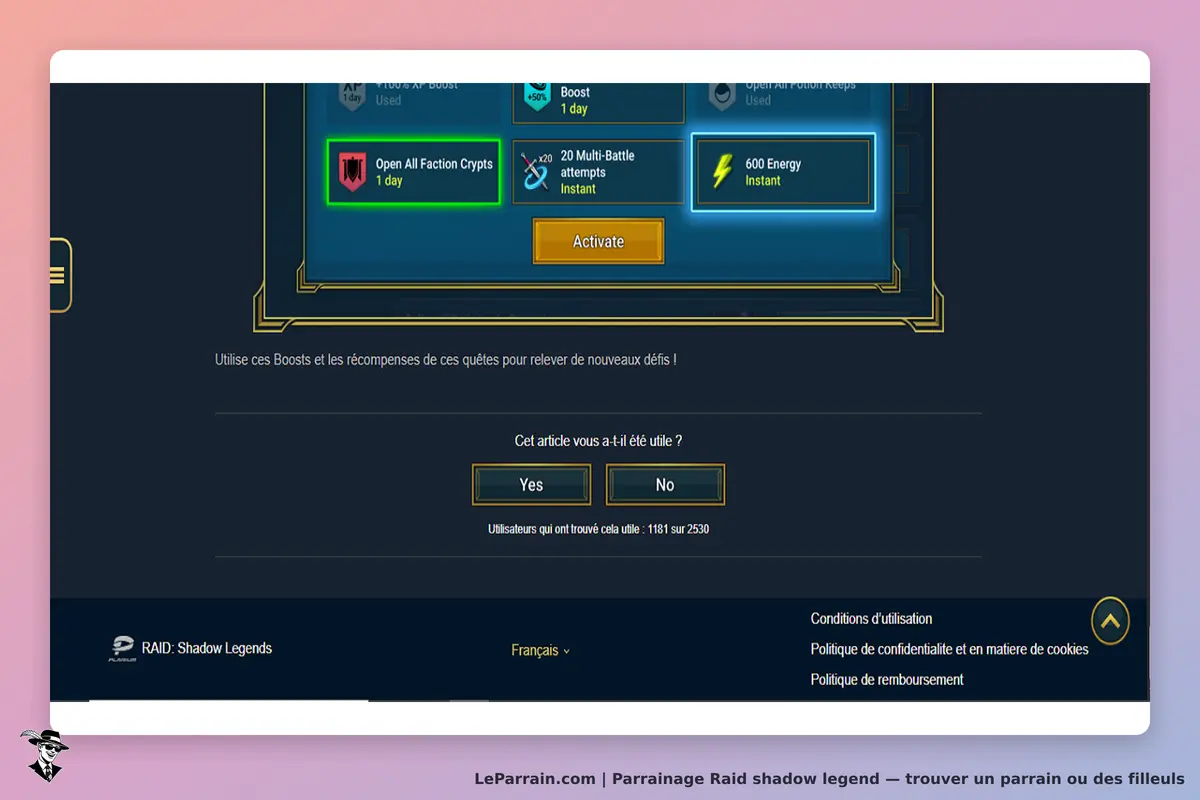 Raid shadow legend : rAID : écran présentant des boosts et une question sur leur utilité avec