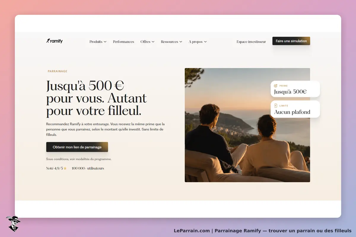 Ramify : page d'accueil avec informations sur le parrainage et une image de deux personnes