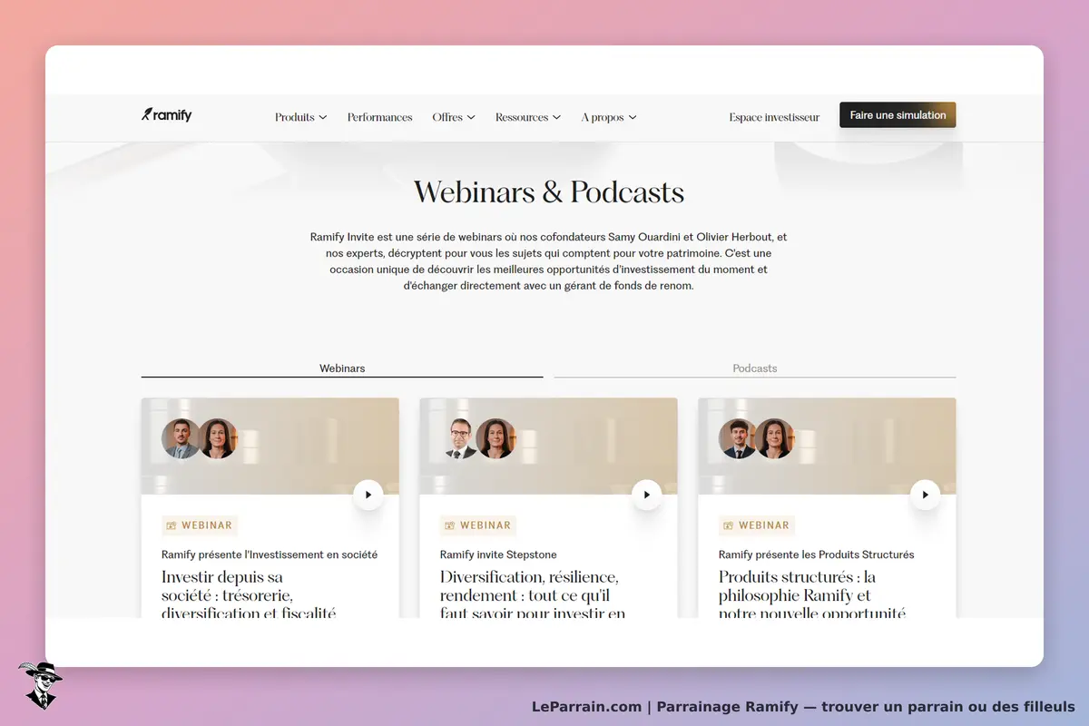 Ramify : page présentant des webinars et podcasts avec des experts sur l'investissement
