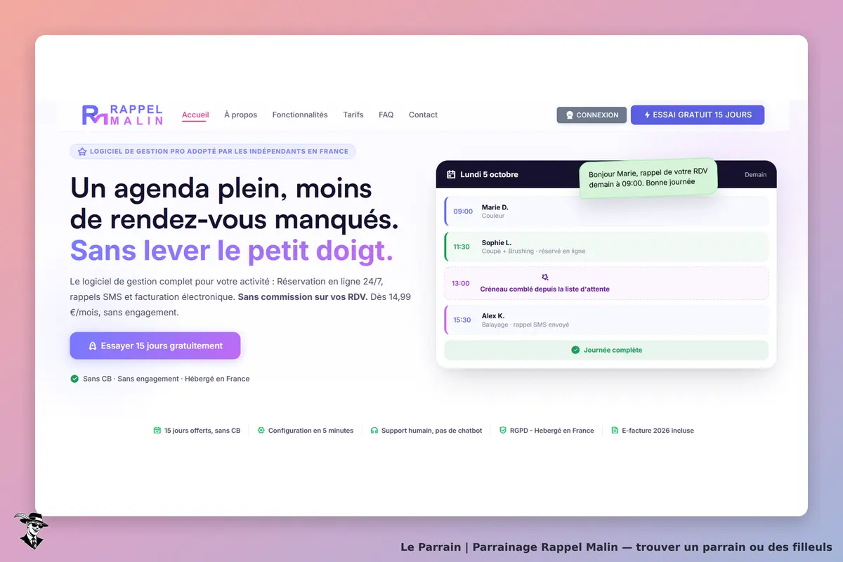 Rappel Malin : page d'accueil avec un agenda et un message de rappel pour un rendez-vous