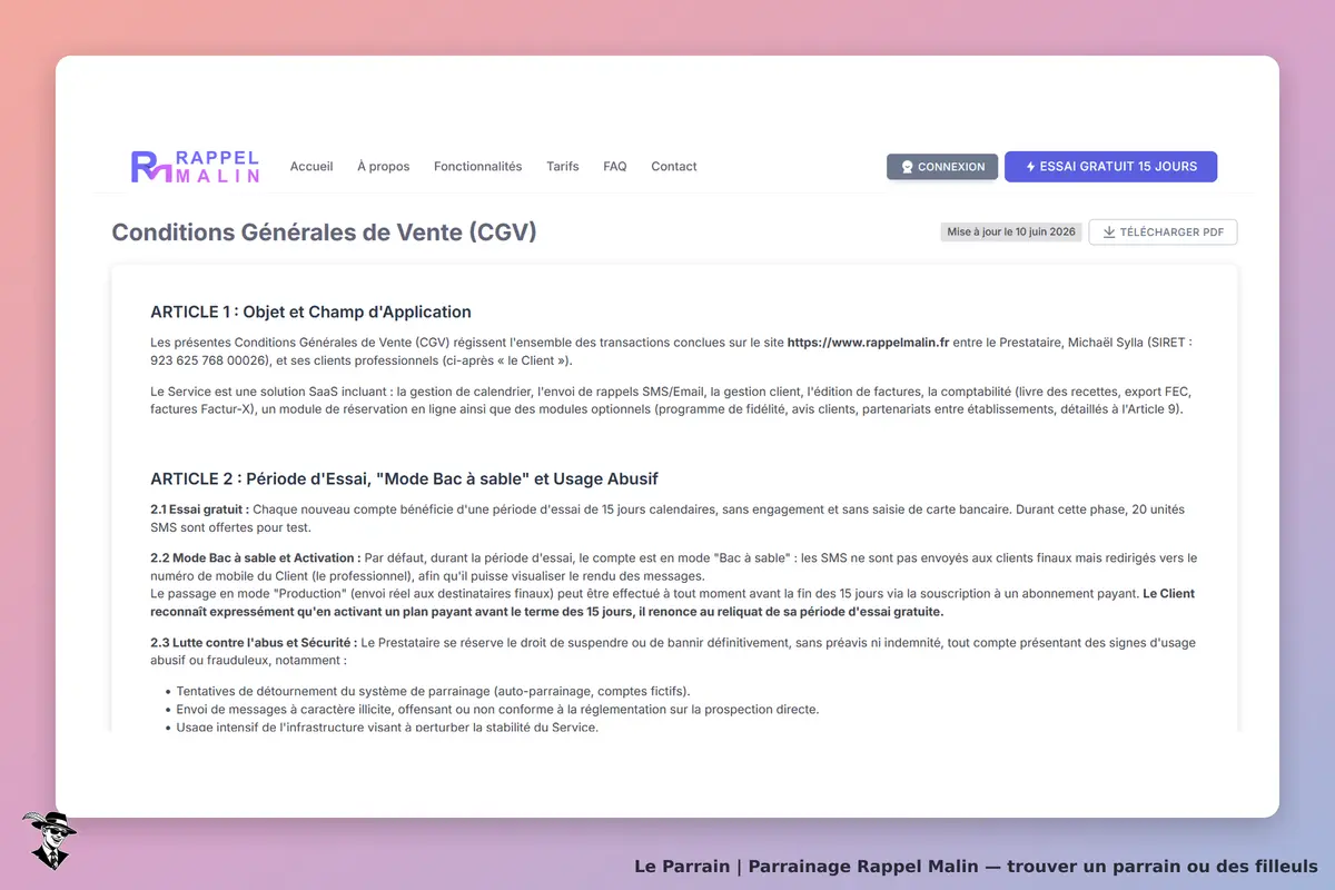 Rappel Malin : conditions générales de vente affichées sur la page du site, texte lisible