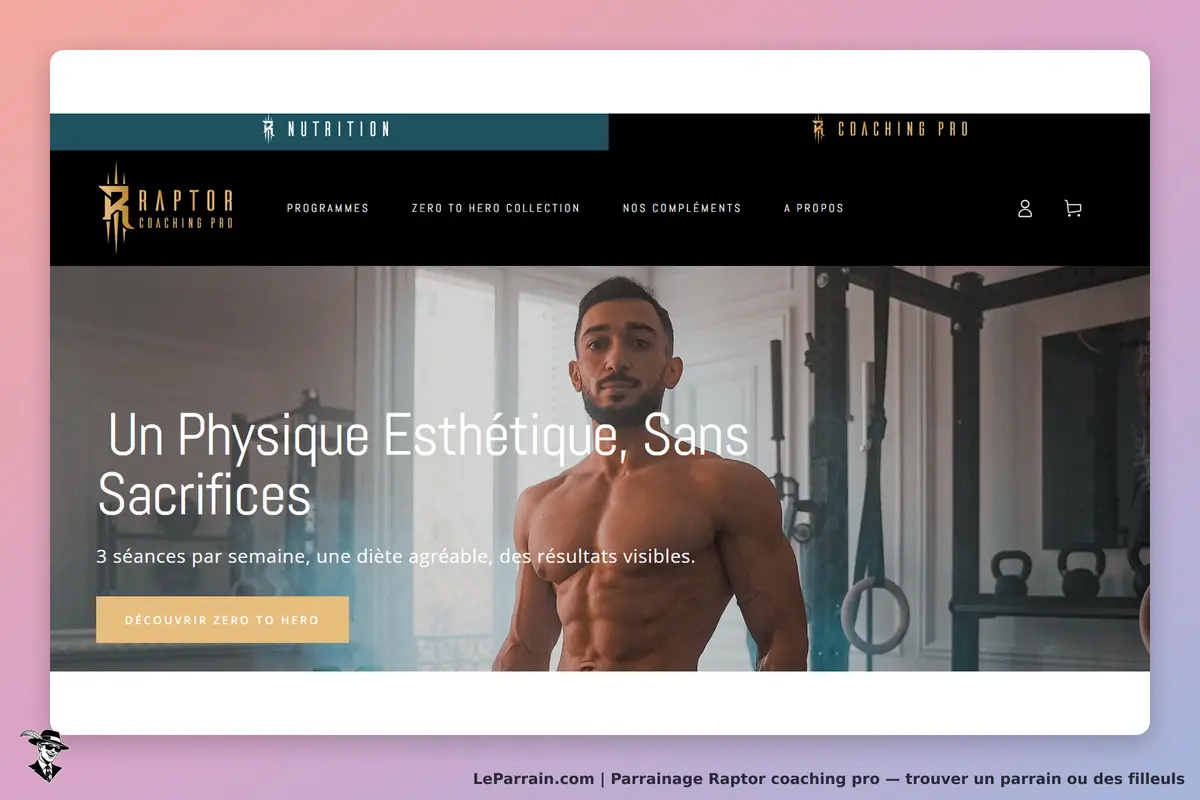 Raptor coaching pro : page d'accueil avec un homme musclé et un texte sur la nutrition