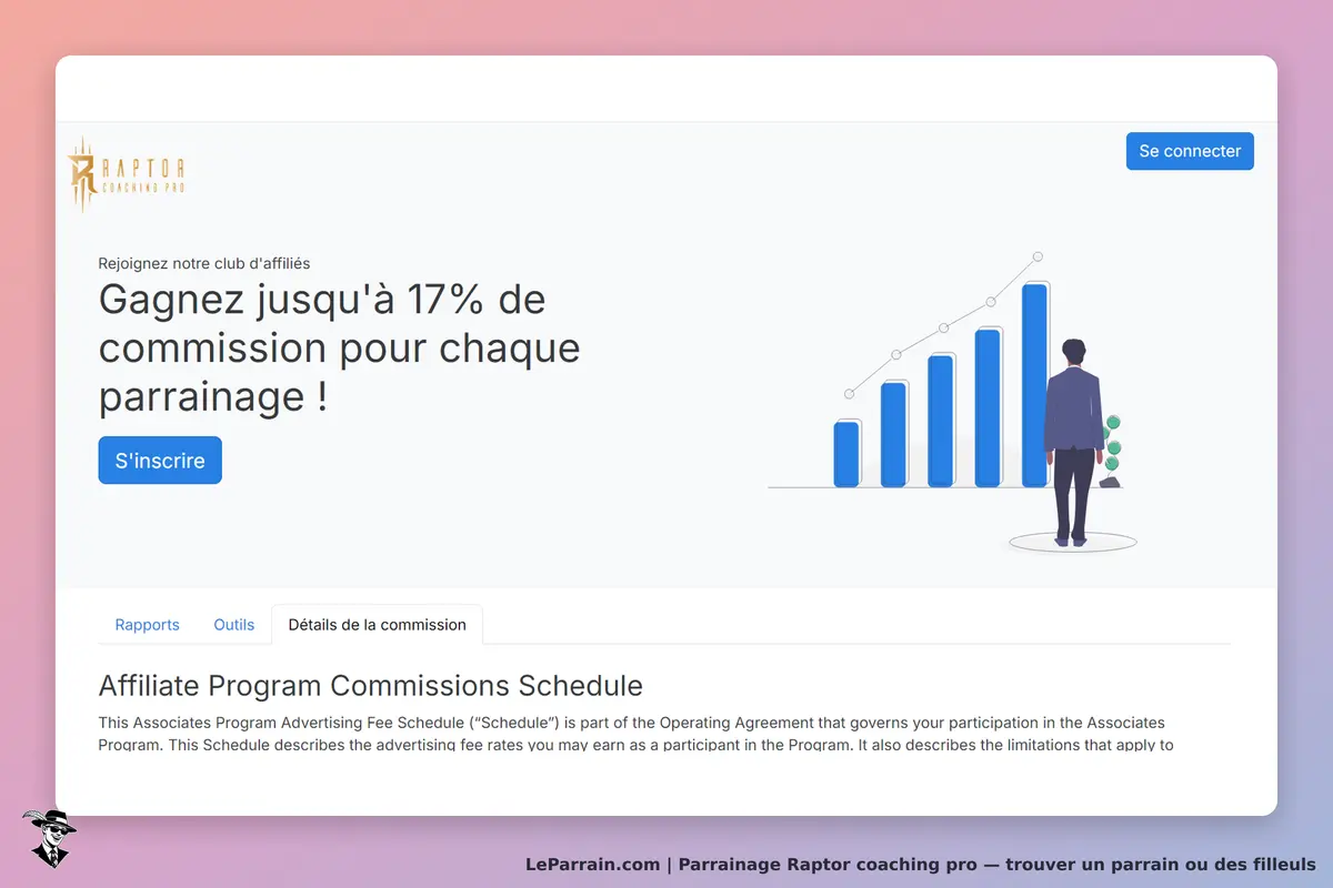 Raptor Coaching Pro : page d'accueil avec graphique de croissance et options d'inscription