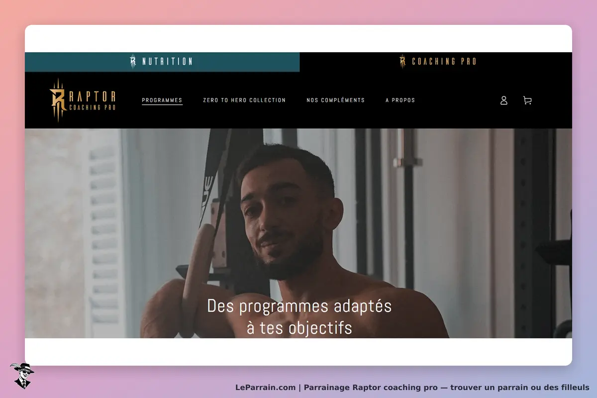 Raptor Coaching Pro : page d'accueil avec un homme en entraînement et un slogan sur les programmes
