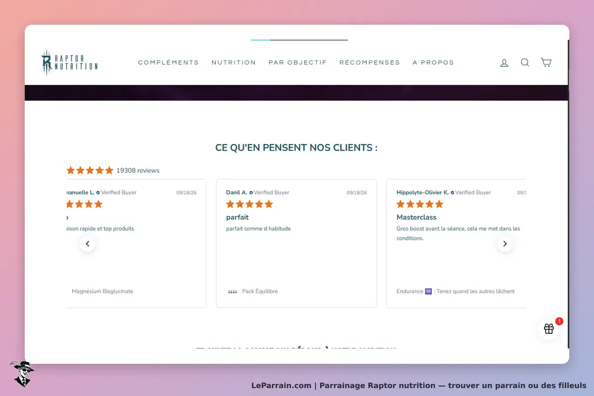 Raptor Nutrition : avis de clients avec étoiles et commentaires sur des produits nutritionnels