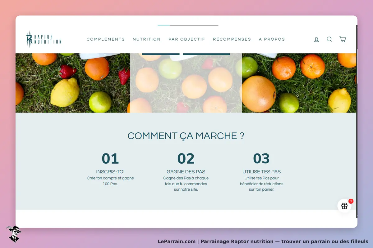 Raptor Nutrition : page d'accueil avec fruits colorés et étapes du parrainage