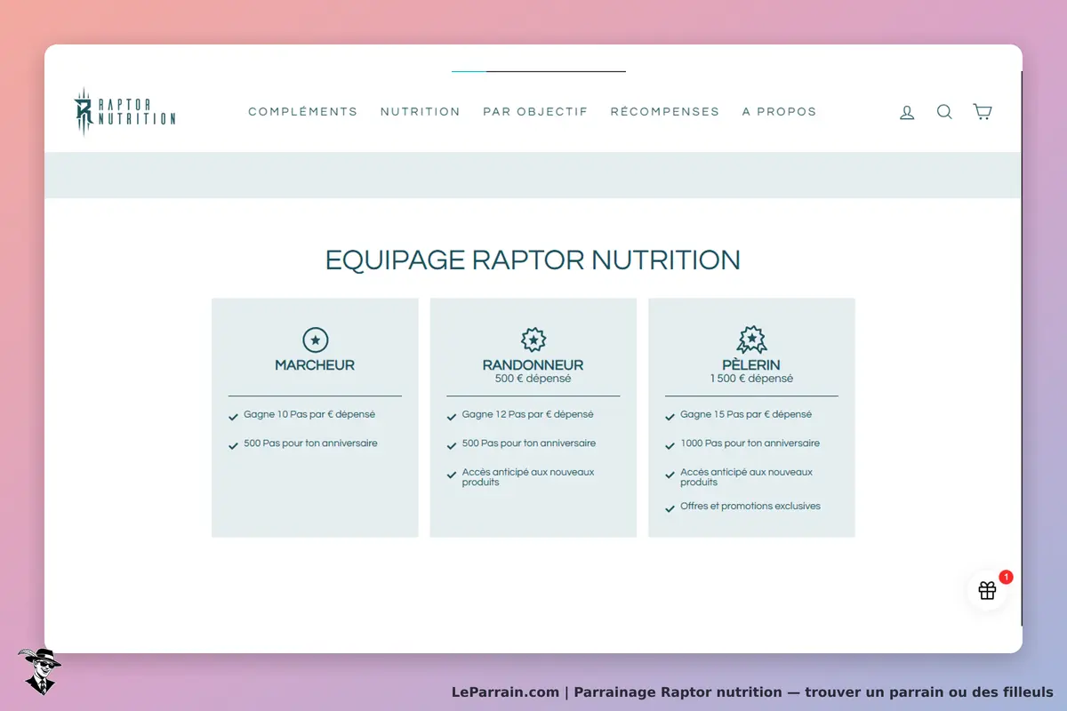 Raptor Nutrition : présentation des niveaux de récompenses avec trois catégories et leurs détails