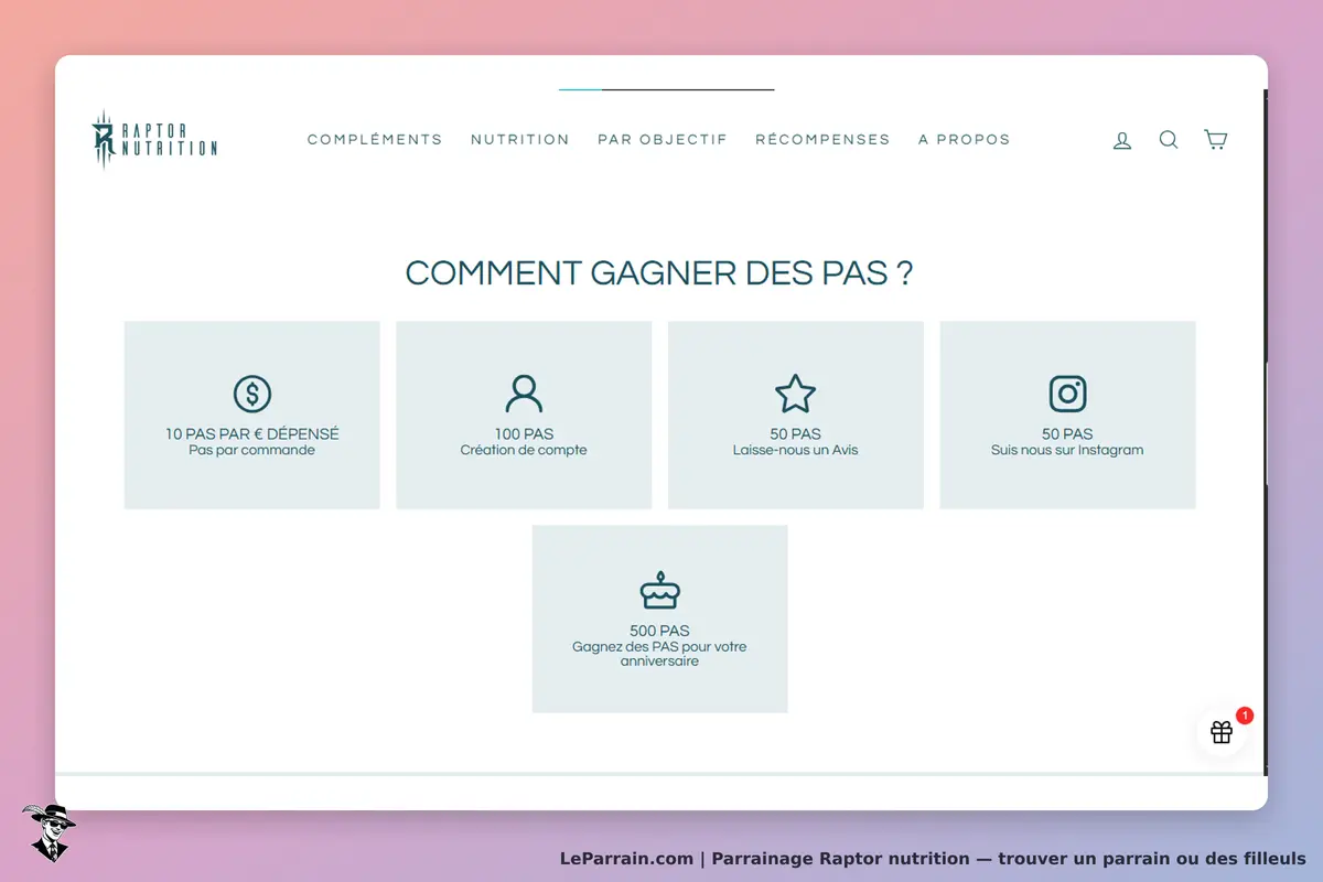Raptor Nutrition : section expliquant comment gagner des pas avec diverses actions