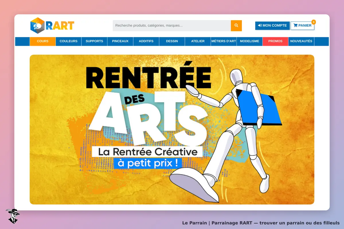 RART : page d'accueil avec un mannequin portant un livre sur un fond coloré