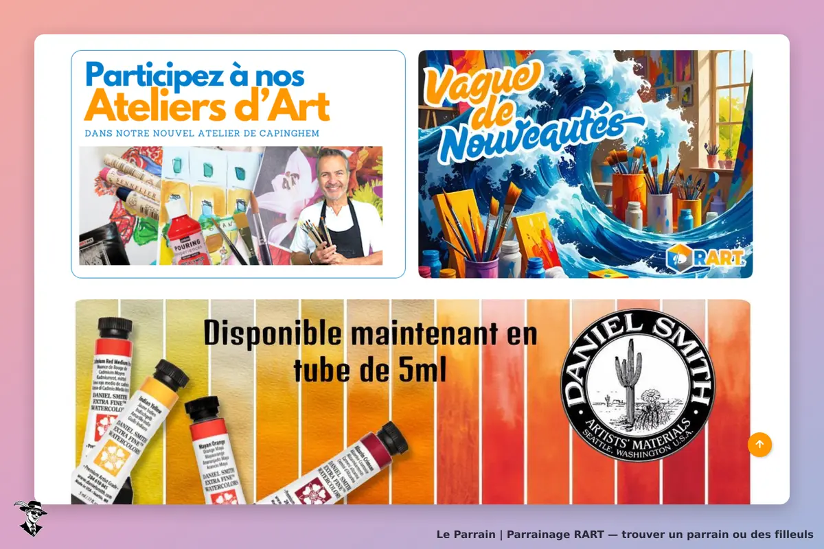 RART : page d'accueil avec ateliers d'art et nouveautés, tubes de peinture en bas