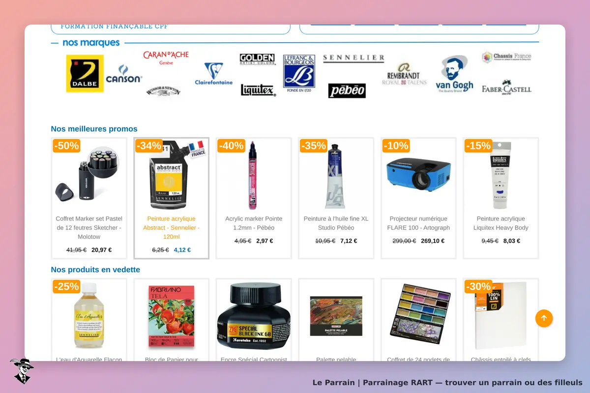 RART : page d'accueil présentant des marques et des produits en promotion