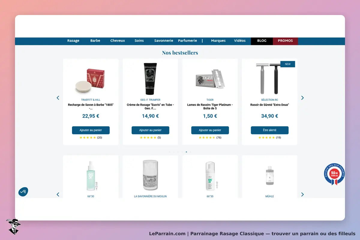 Rasage Classique : section "Nos bestsellers" avec plusieurs produits de rasage affichés