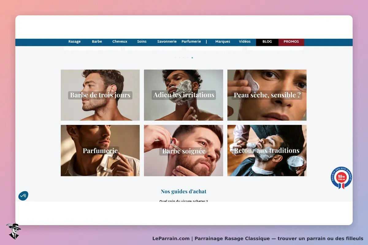 Rasage Classique : page d'accueil avec des catégories sur le rasage et les soins masculins