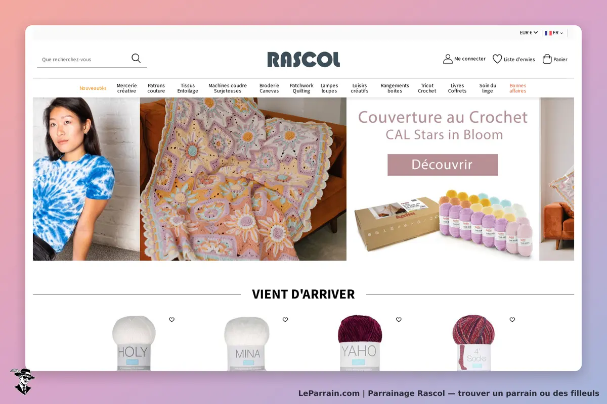 Rascol : page d'accueil avec produits de mercerie et couverture au crochet en promotion