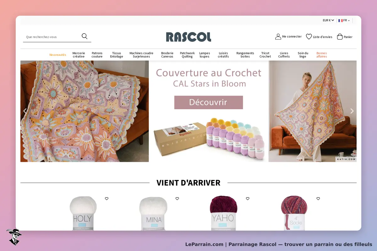 Rascol : page d'accueil avec couverture au crochet et produits de mercerie en bas