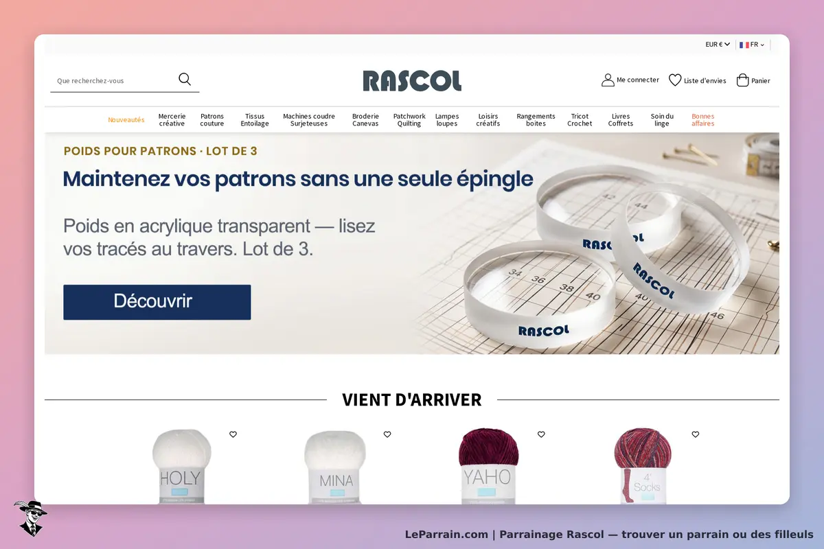 Rascol : page d'accueil avec produits en acrylique et nouveaux arrivages de pelotes de laine