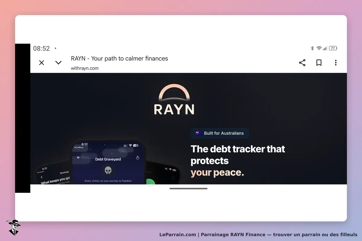 RAYN Finance : rAYN : page d'accueil avec logo, slogan et aperçu d'une application de suivi de