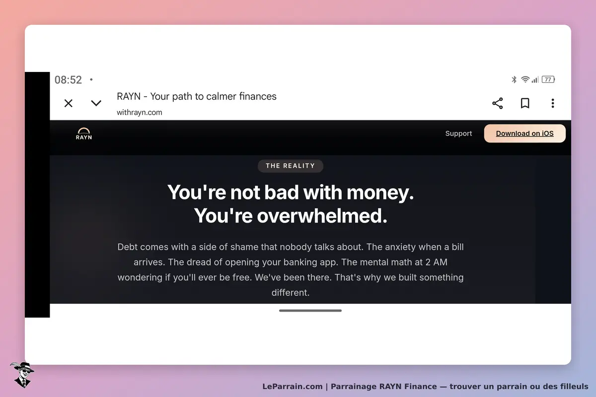 RAYN Finance : rAYN : page d'accueil avec un message sur la gestion des finances et l'anxiété liée