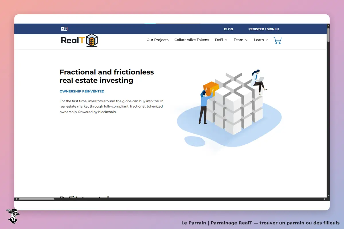 RealT : page d'accueil présentant l'investissement immobilier fractionné avec des illustrations