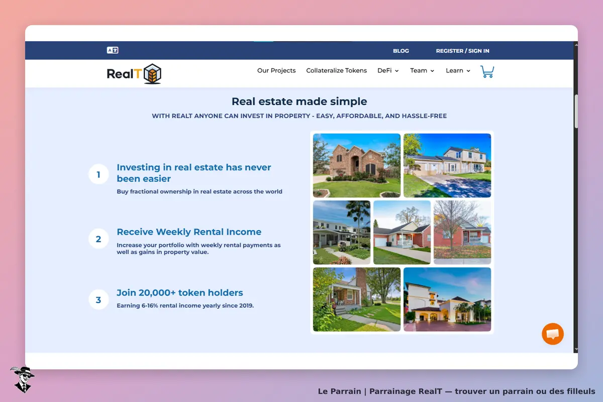 RealT : page d'accueil présentant des conseils sur l'investissement immobilier et des images de