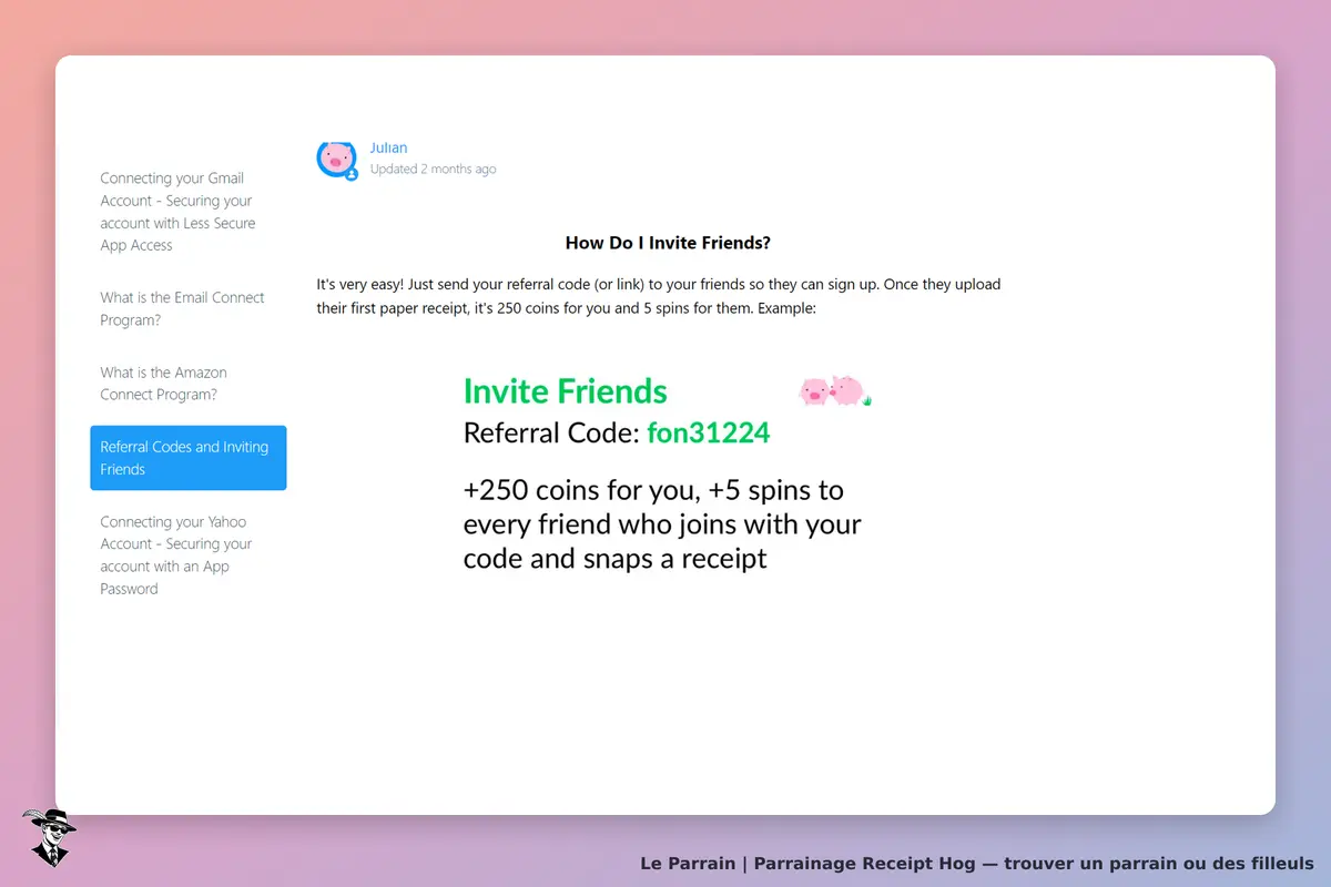 Receipt Hog : section sur l'invitation d'amis avec un code de parrainage affiché