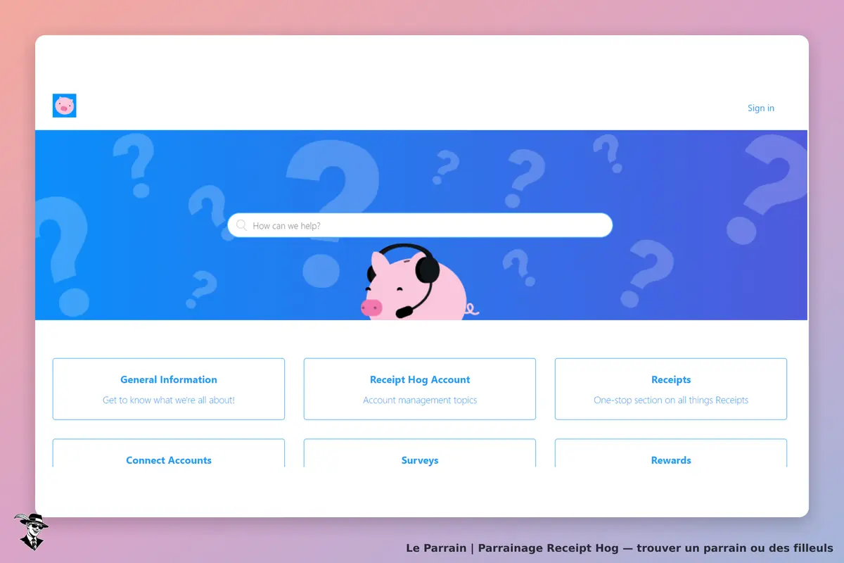 Receipt Hog : page d'accueil avec barre de recherche et sections d'aide en bas
