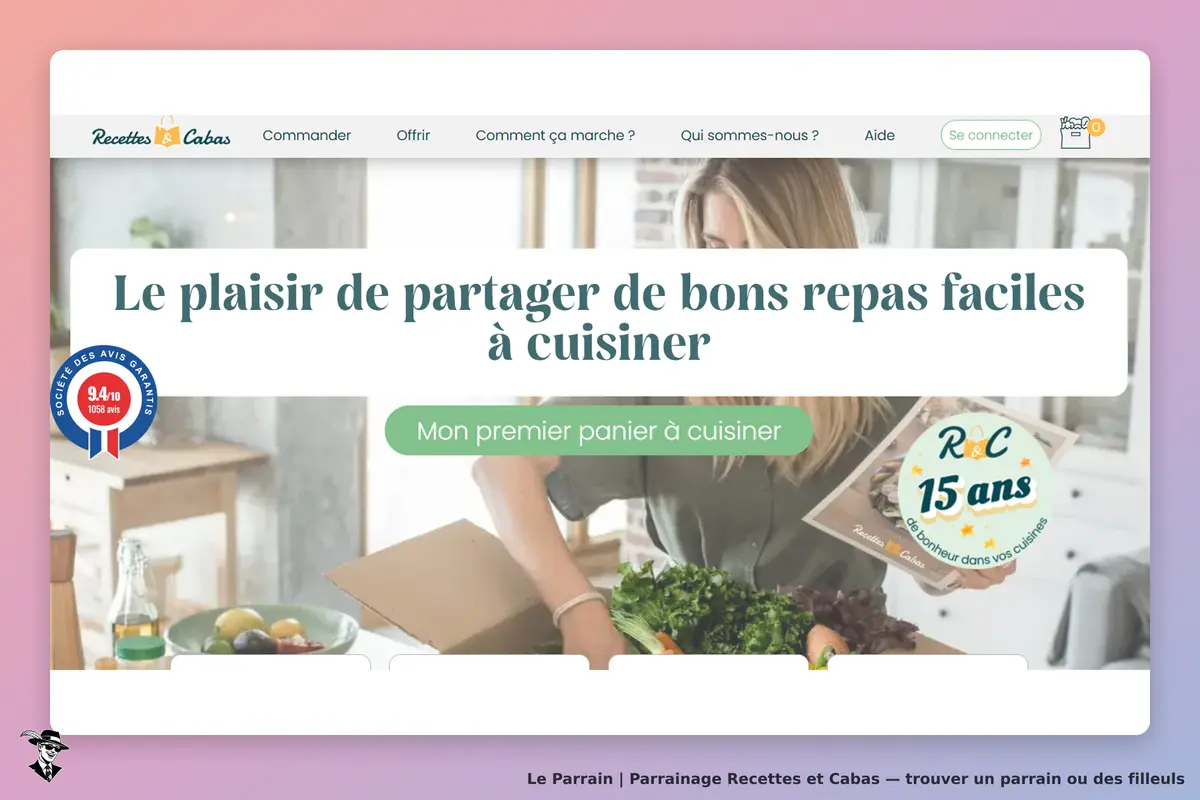 Recettes et Cabas : page d'accueil avec un slogan sur le partage de repas et une image de produits