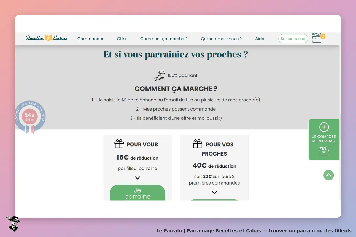 Recettes et Cabas : page d'accueil avec un formulaire de parrainage et des offres visibles