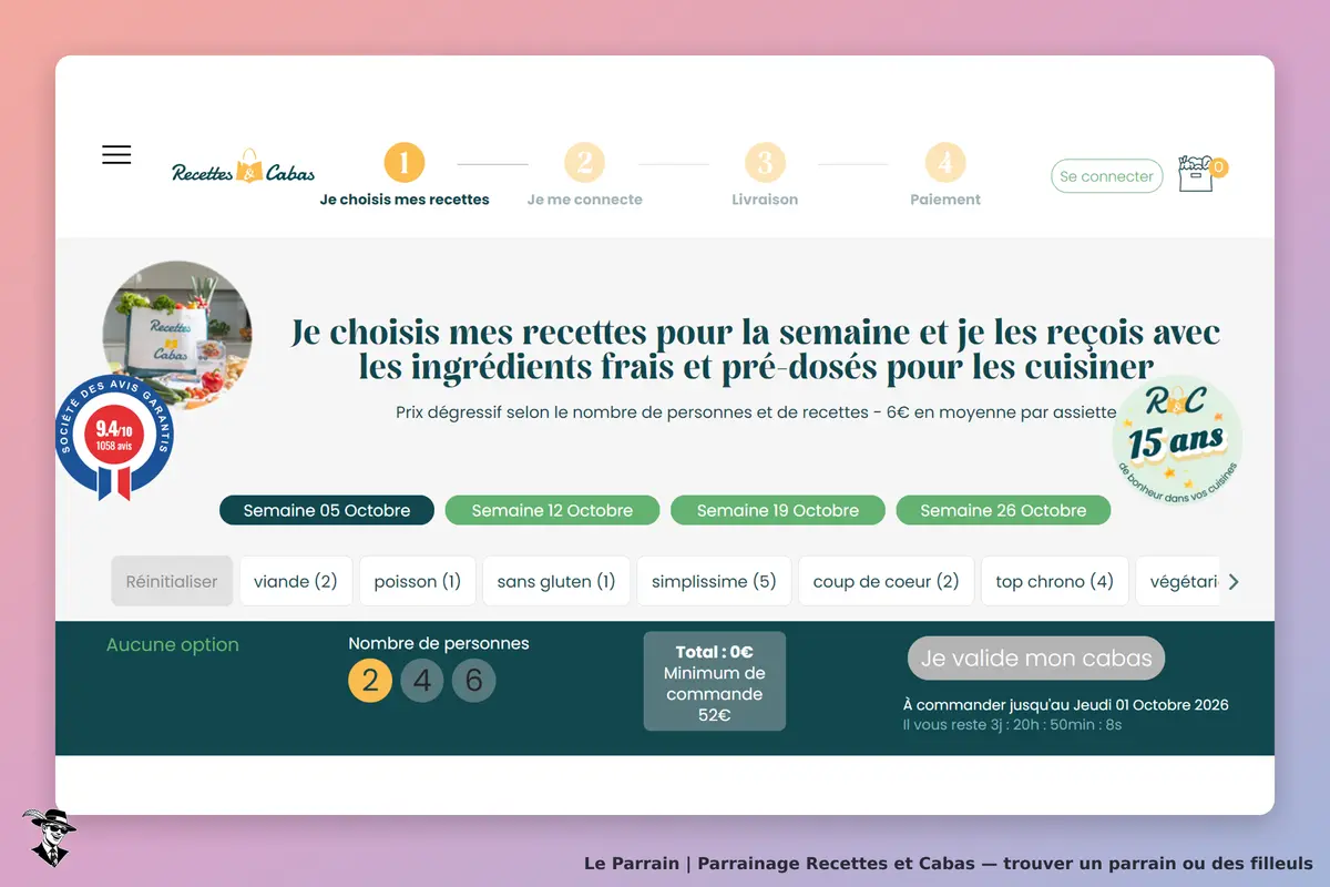 Recettes et Cabas : page d'accueil avec choix de recettes et options de nombre de personnes