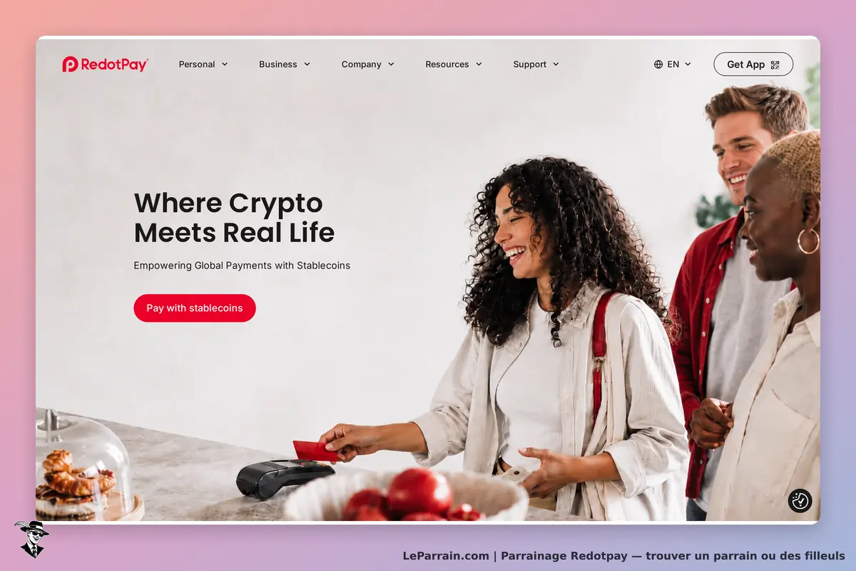 RedotPay : page d'accueil avec des personnes souriantes et un terminal de paiement visible