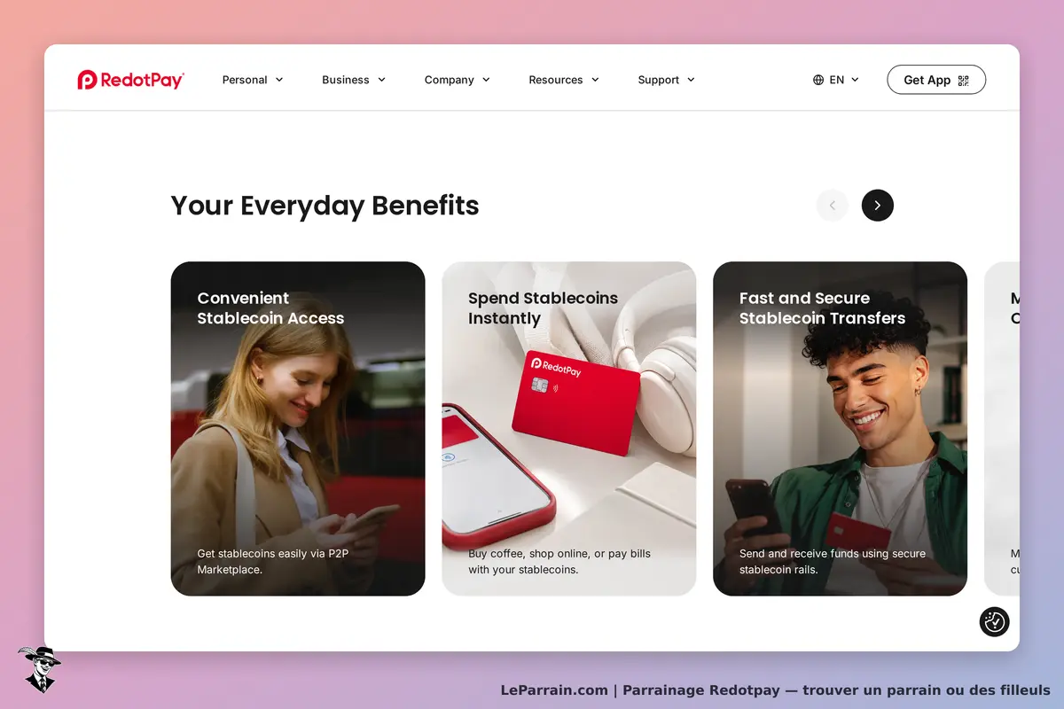 RedotPay : page d'accueil présentant des avantages liés aux stablecoins avec images et descriptions