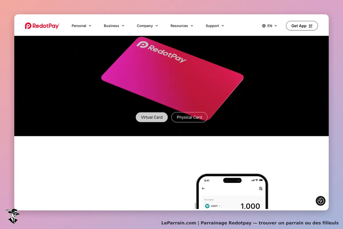 RedotPay : carte virtuelle et physique présentées sur fond noir, interface mobile en bas