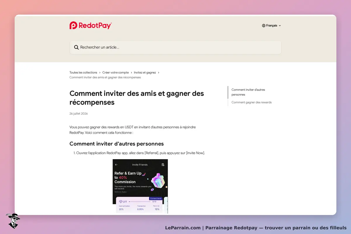 RedotPay : page expliquant comment inviter des amis et gagner des récompenses