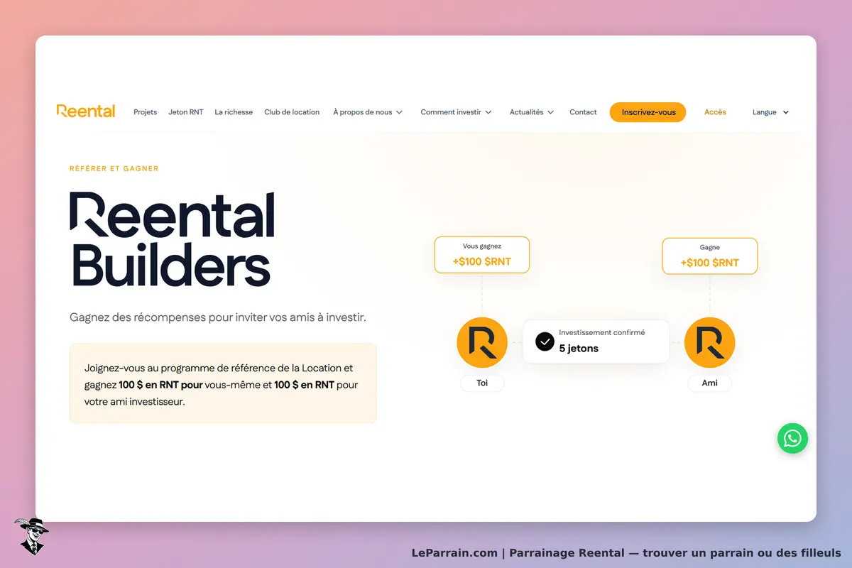 Reental : page d'accueil présentant le programme Reental Builders et ses récompenses