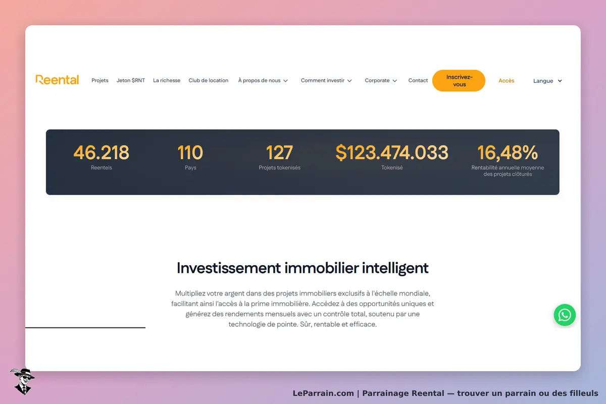 Reental : page d'accueil affichant des statistiques et une description de l'investissement