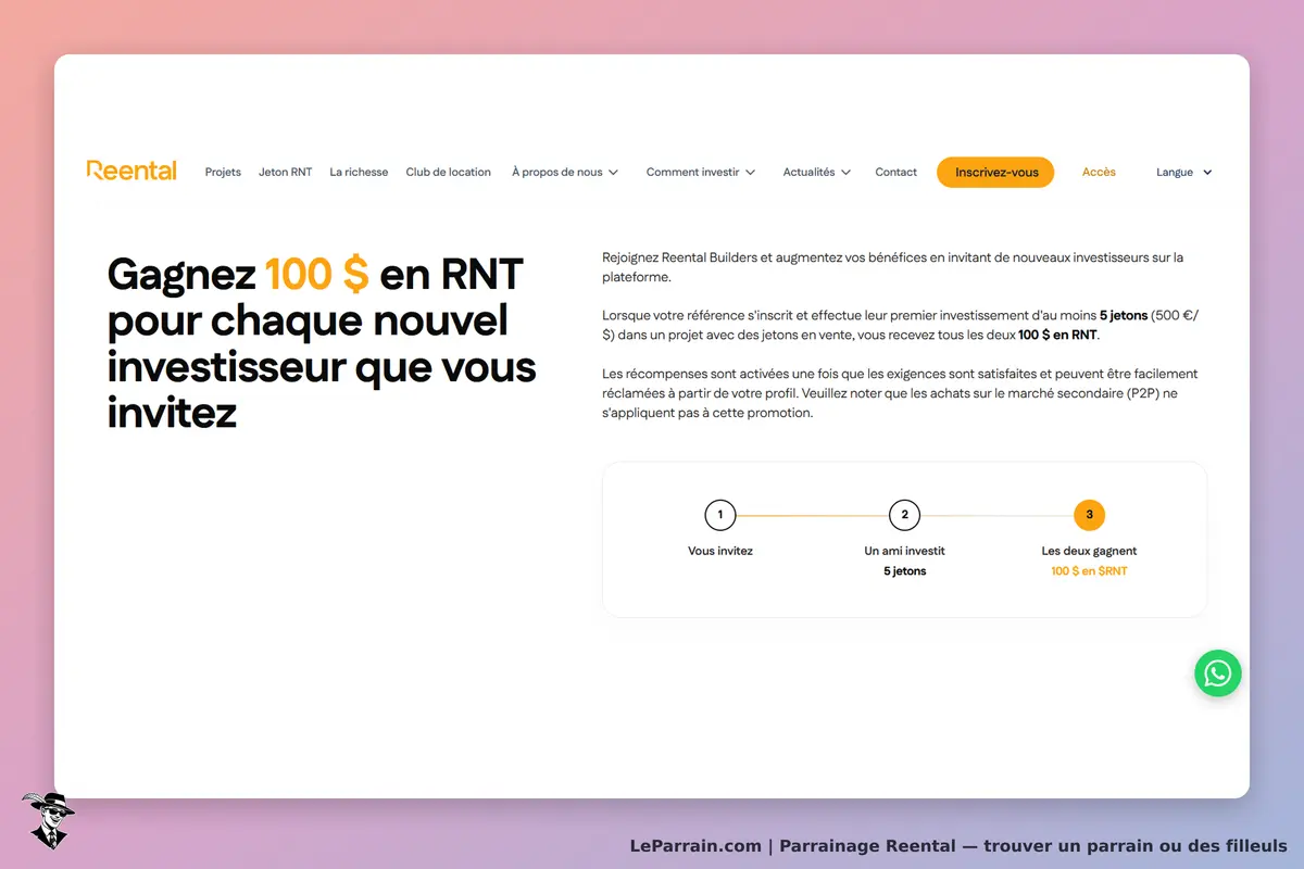 Reental : page d'accueil avec invitation à parrainer et étapes pour gagner des récompenses