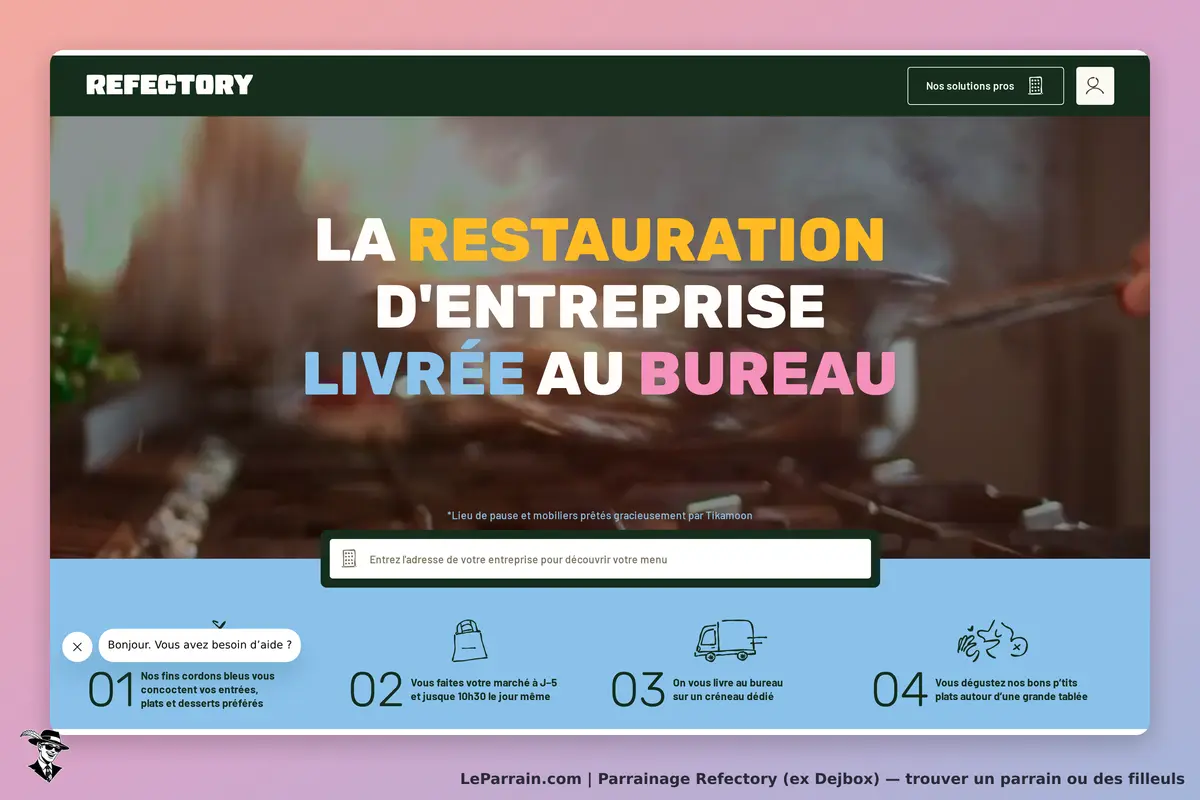 Refectory (ex Dejbox) : refectory : page d'accueil avec un message sur la restauration d'entreprise